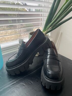 Women's Black Chunky Lug Sole Penny Loafers